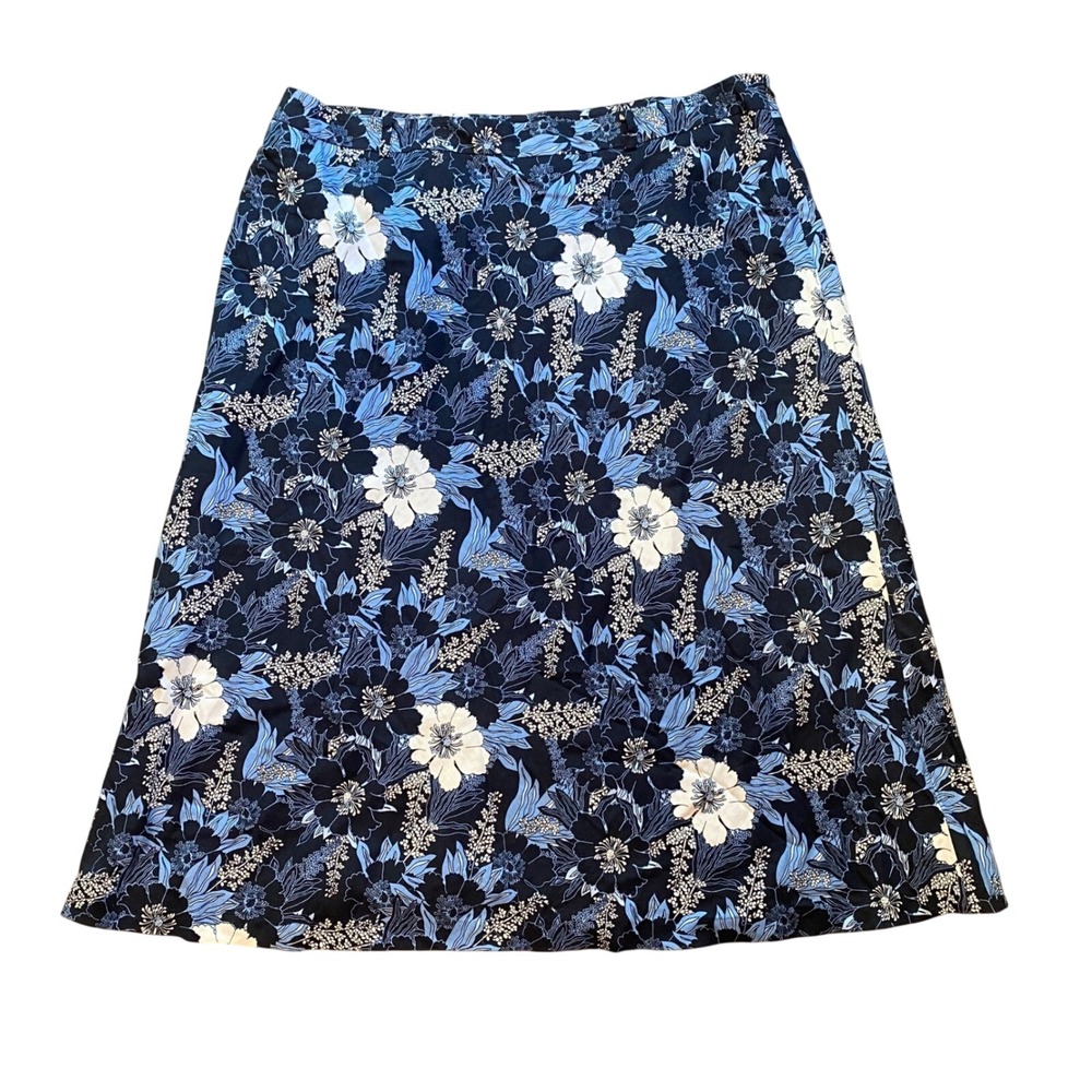 Evan-Picone 22W Blue Floral Linen Blend A-Line Midi Skirt Coastal Chic